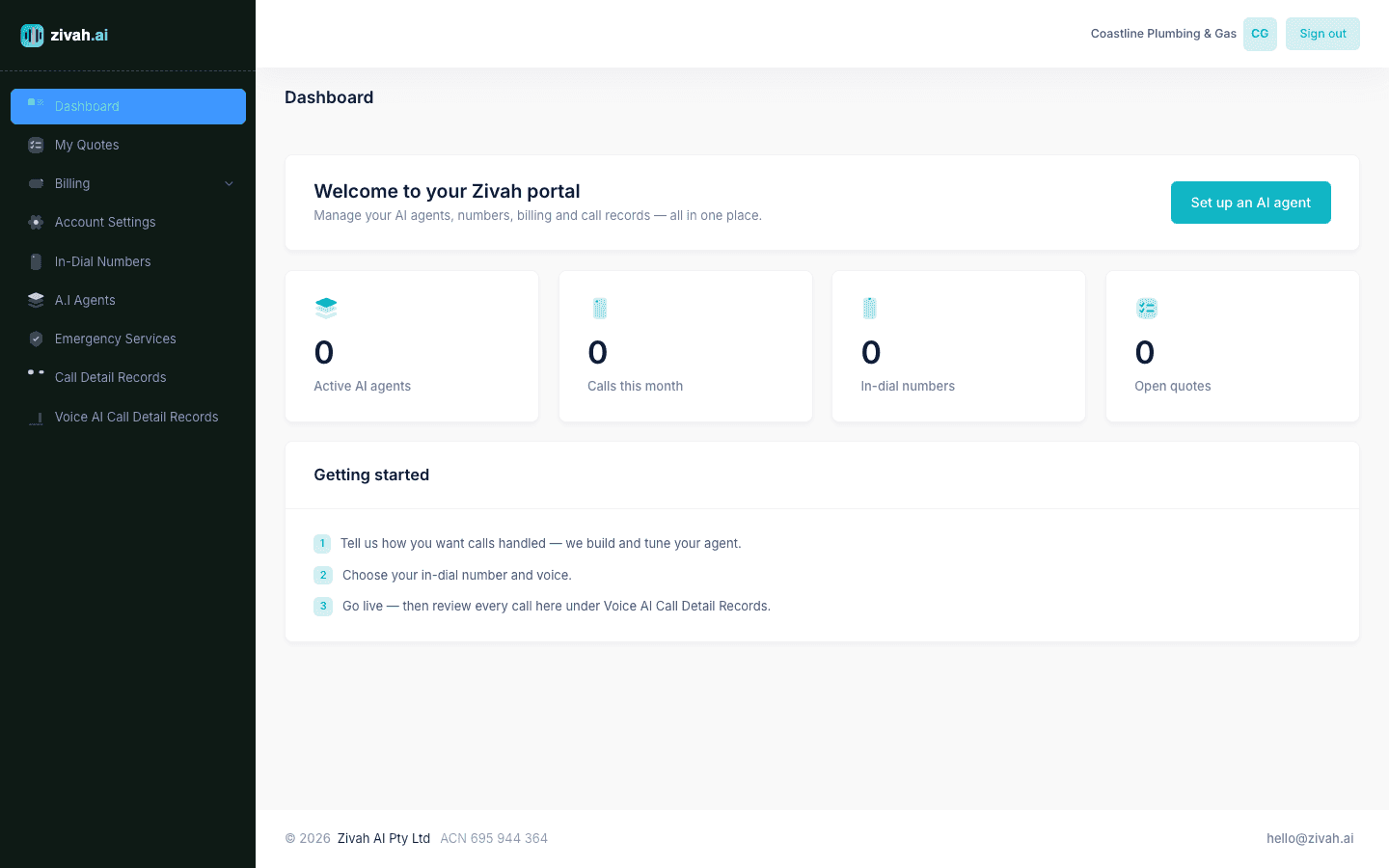 The live Zivah customer portal dashboard at home.zivah.ai