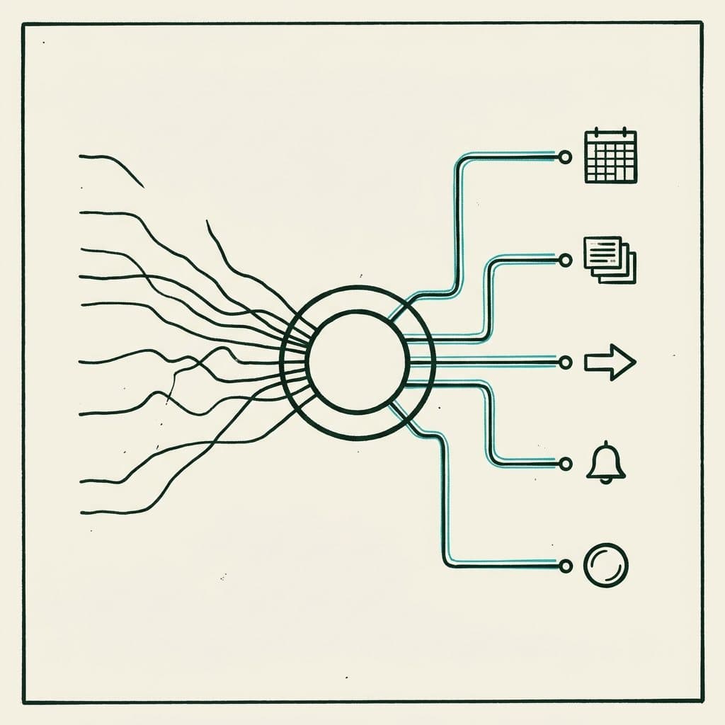 Exchange-style schematic: tangled input lines enter a central hub and leave as orderly routed lines to calendar, records, transfer, bell and payment symbols