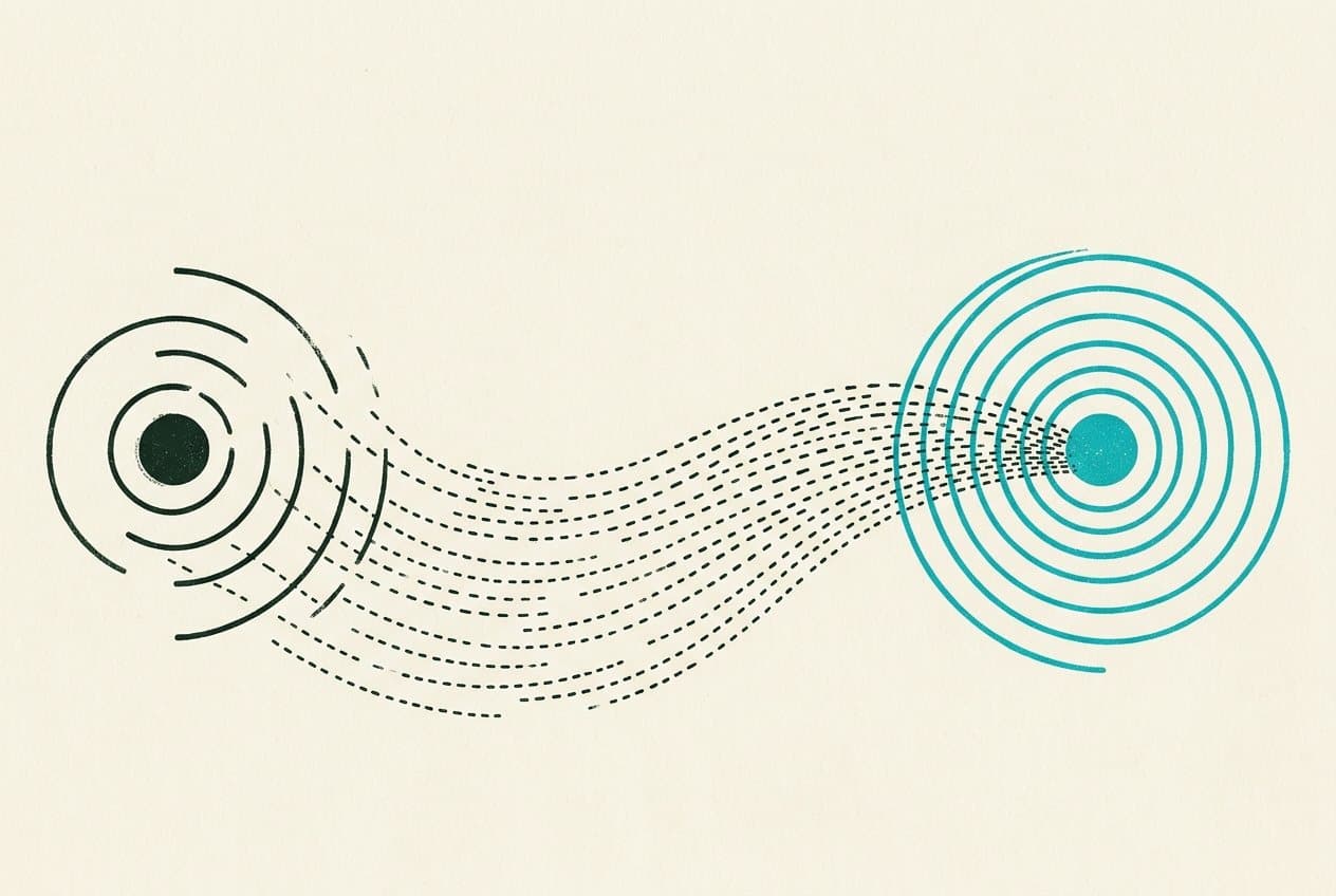 Broken dark rings of an unanswered phone at left; a stream of dashed lines flows to a solid teal node with complete rings at right